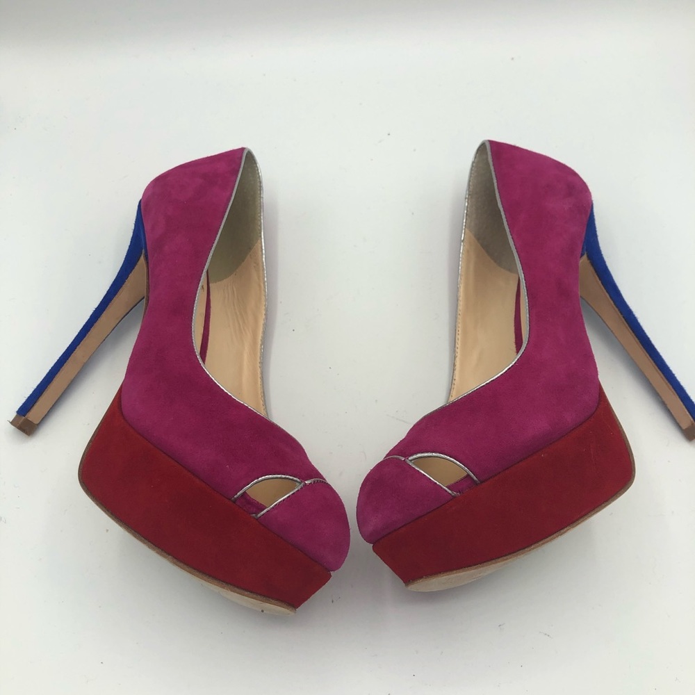 Footcandy pink blue red color block suede heels